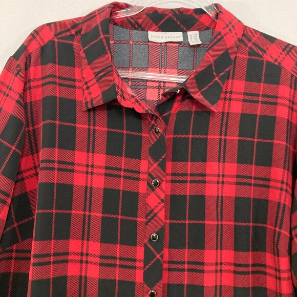 Susan Graver Top size 2X Red Black Plaid Preppy Asymmetric Hem Button Down - Picture 3 of 9